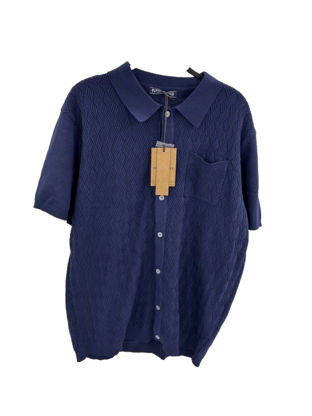 PJ Paul Jones Mens Knit Button Up Shirt Blue Textured Short Sleeve Pocket L